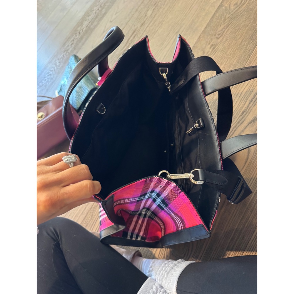 Kate Spade Pink Red Plaid Tote Bag Large Crossbody Shoulder Bag Black Trim - Picture 3 of 4